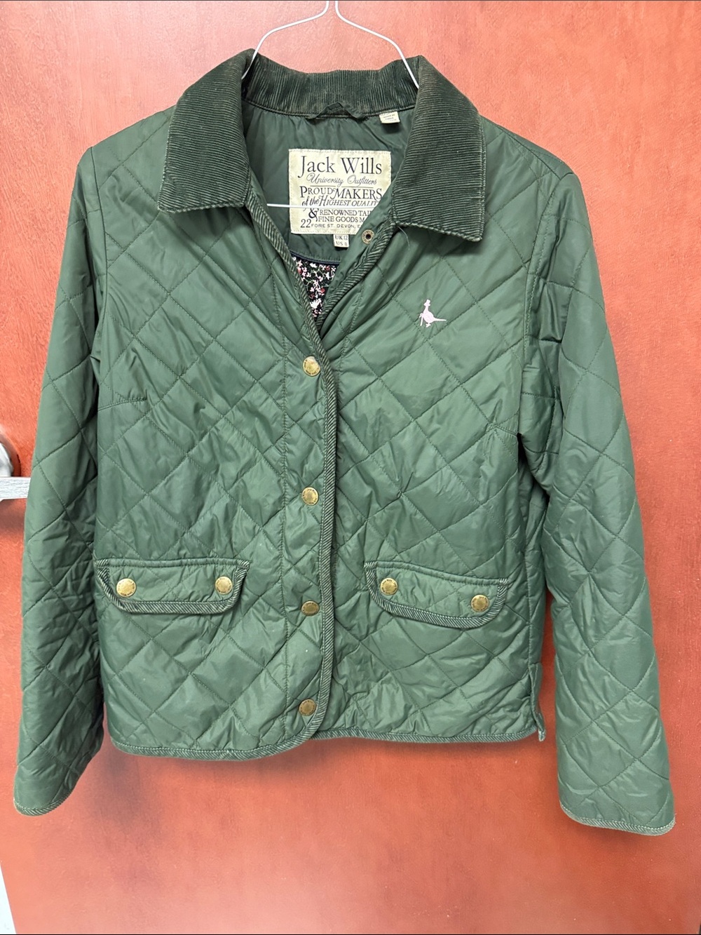 Jack Wills Green Quilted Jacket with Corduroy Collar